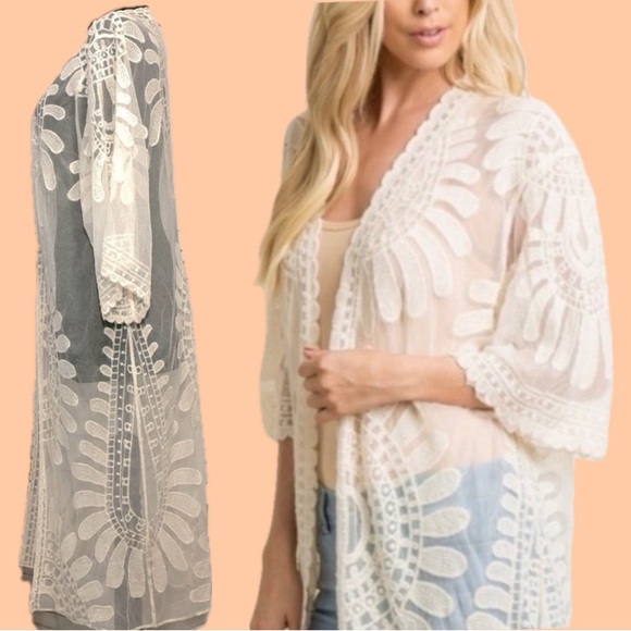 Rebellion Again Small Long Kimono Duster Boho Lace Mesh Cover Up Open Cardigan - Picture 6 of 10
